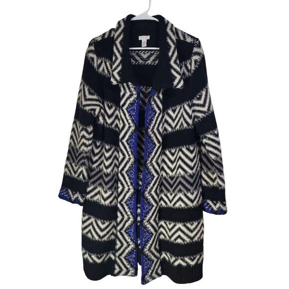 Chico's Sweaters - Chico's Size 2 Women's Black Blue Chevron Geometric Knit Long Cardigan Sweater